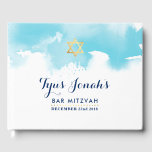 BAR MITZVAH modern gold star aqua blue watercolor Guest Book<br><div class="desc">by kat massard >>> WWW.SIMPLYSWEETPAPERIE.COM <<<</div>