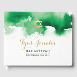 BAR MITZVAH modern gold star cool green watercolor Guest Book<br><div class="desc">by kat massard >>> WWW.SIMPLYSWEETPAPERIE.COM <<<</div>