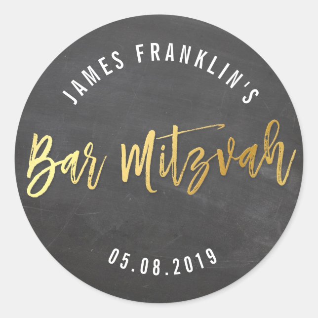 BAR MITZVAH modern grey chalkboard gold writing Classic Round Sticker (Front)