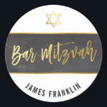 BAR MITZVAH modern grey chalkboard gold writing Classic Round Sticker<br><div class="desc">by kat massard >>> WWW.SIMPLYSWEETPAPERIE.COM <<< *** NOTE - THE SHINY GOLD FOIL EFFECT IS A PRINTED PICTURE *** - - - - - - - - - - - - - - - - - - - - - - - - - - - - - - - -...</div>