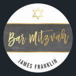 BAR MITZVAH modern grey chalkboard gold writing Classic Round Sticker<br><div class="desc">by kat massard >>> WWW.SIMPLYSWEETPAPERIE.COM <<< *** NOTE - THE SHINY GOLD FOIL EFFECT IS A PRINTED PICTURE *** - - - - - - - - - - - - - - - - - - - - - - - - - - - - - - - -...</div>