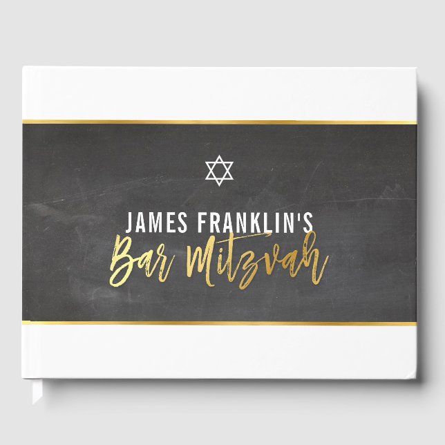 BAR MITZVAH modern grey chalkboard gold writing Guest Book (Front)