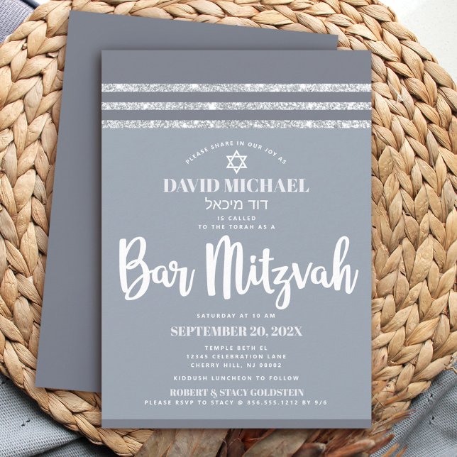 Bar Mitzvah Modern Grey Silver Tallit Simple Bold Invitation (Creator Uploaded)