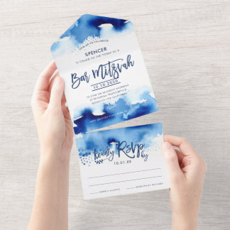 BAR MITZVAH modern hand lettered blue watercolor All In One Invitation