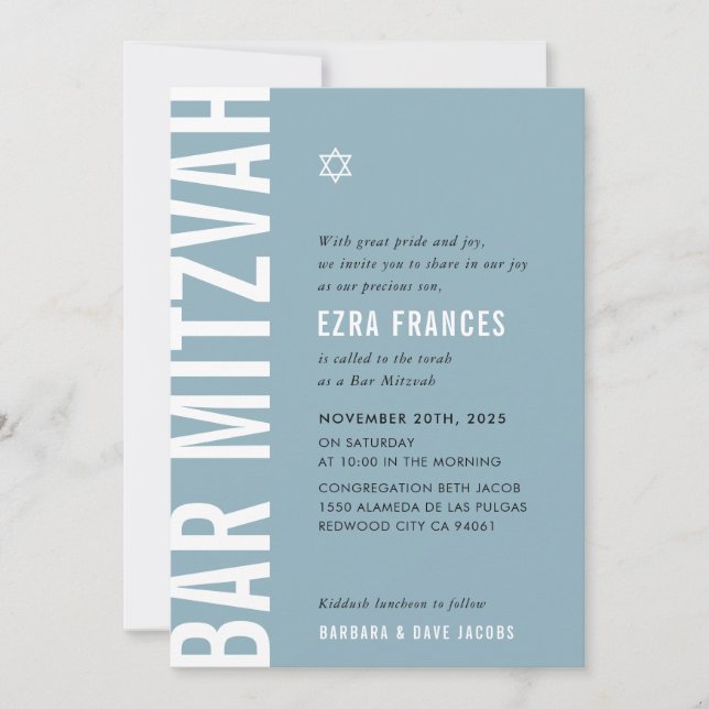 BAR MITZVAH modern minimal bold boy dusty blue Invitation (Front)