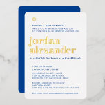 BAR MITZVAH modern minimal bold royal blue<br><div class="desc">by kat massard
Modern invitation with "shiny gold foil" for your child's MITZVAH celebration.
Easy to update the template yourself
Email me for matching items and alternate colour schemes - kat@simplysweetpaperie.com</div>