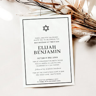 BAR MITZVAH modern minimal star border black white Invitation