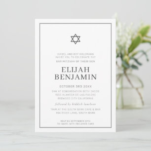 BAR MITZVAH modern minimal star border grey white Invitation