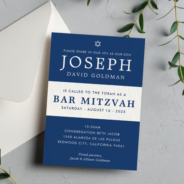 BAR MITZVAH modern minimal stylish  navy white Invitation (Creator Uploaded)