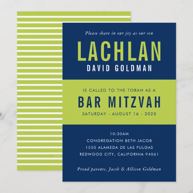 BAR MITZVAH modern minimal typography blue lime Invitation (Front/Back)