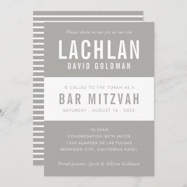 BAR MITZVAH modern minimal typography grey white Invitation (Front/Back)