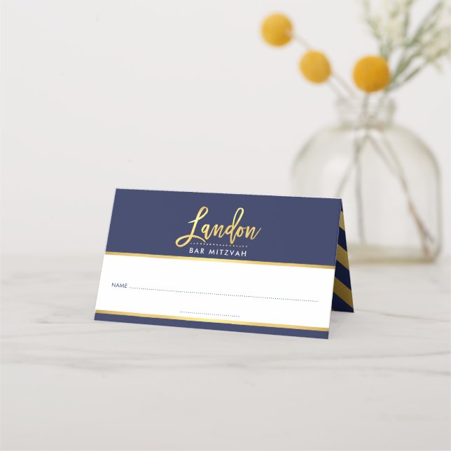 BAR MITZVAH modern navy blue + gold name LANDON Place Card (Front)
