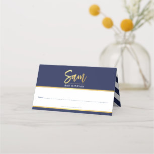 BAR MITZVAH modern navy blue + gold name SAM Place Card