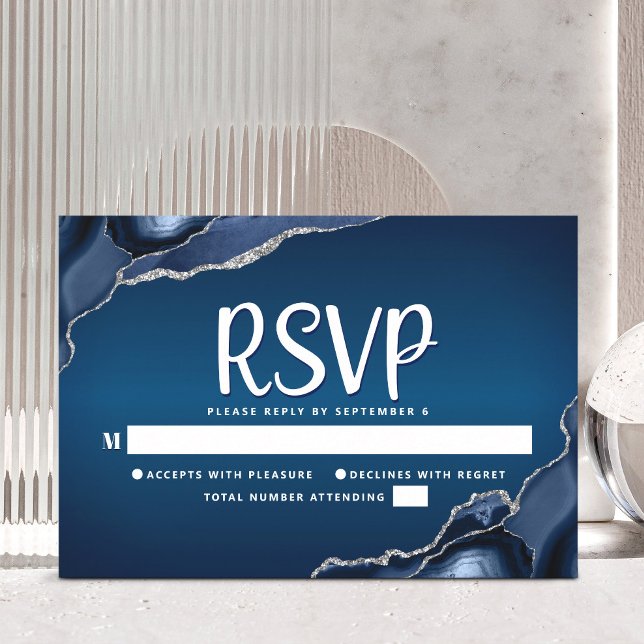 Bar Mitzvah Modern Navy Blue Ombre Agate Script  RSVP Card (Creator Uploaded)