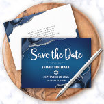 Bar Mitzvah Modern Navy Blue Ombre Agate Script Save The Date<br><div class="desc">Make sure all your friends and relatives will be able to celebrate your son’s milestone Bar Mitzvah! Send out this cool, unique, modern, personalised “Save the Date” announcement card. White script typography and Star of David overlay a deep navy blue ombre background with steel blue agate accented with faux silver...</div>