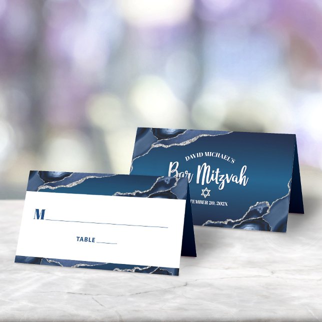 Bar Mitzvah Modern Navy Blue Ombre Silver Agate Place Card (Creator Uploaded)