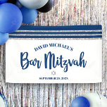 Bar Mitzvah Modern Navy Blue Silver Tallit Script  Banner<br><div class="desc">Be proud, rejoice and showcase this milestone of your favourite Bar Mitzvah! Hang up this cool, unique, modern, personalised banner to add to his special day. Bold, navy blue script typography, a silver Star of David and a navy blue and silver glitter striped tallit inspired graphic overlay a simple, white...</div>