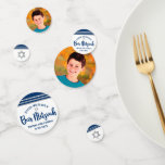 Bar Mitzvah Modern Navy Blue Silver Tallit Script Confetti<br><div class="desc">Add some extra style to your favourite Bar Mitzvah’s celebration party with this customisable table confetti! Bold, navy blue script typography, a silver Star of David and a navy blue and silver glitter striped tallit inspired graphic overlay a simple, white background veins on one side. Your Bar Mitzvah’s photo is...</div>