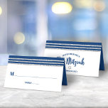 Bar Mitzvah Modern Navy Blue Silver Tallit Script Place Card<br><div class="desc">No Bar Mitzvah party is complete without personalised place cards. Let your favourite Bar Mitzvah be proud, rejoice and celebrate his milestone at his perfectly coordinated party. Bold, navy blue typography and a navy blue and faux silver glitter striped tallit inspired graphic overlay a simple, white background. On the back,...</div>