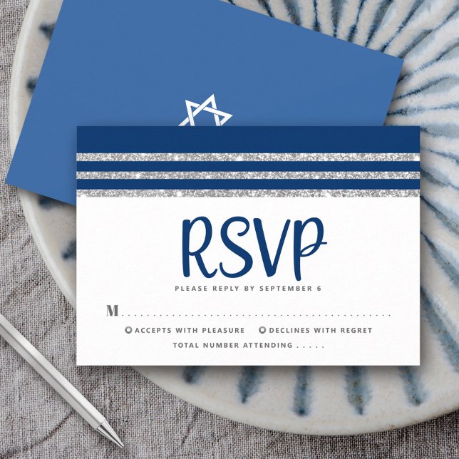 Bar Mitzvah Modern Navy Blue Silver Tallit Script RSVP Card (Creator Uploaded)