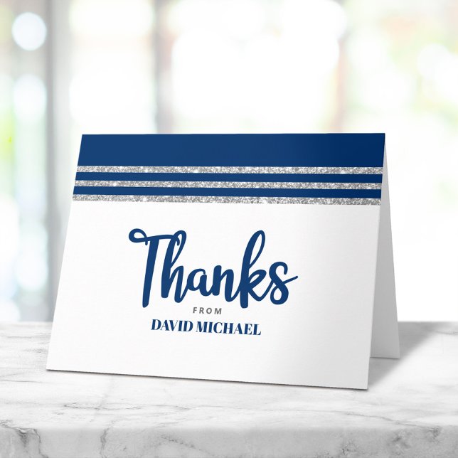 Bar Mitzvah Modern Navy Blue Silver Tallit Script  Thank You Card (Creator Uploaded)