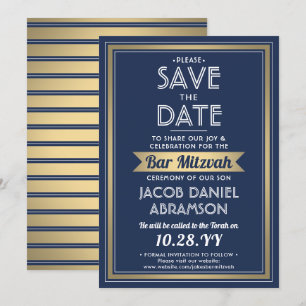 Bar Mitzvah Modern Navy Blue White Faux Gold Save The Date