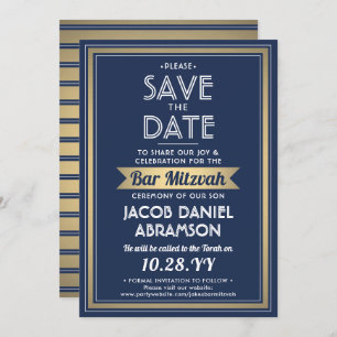 Bar Mitzvah Modern Navy Blue White Faux Gold Save The Date