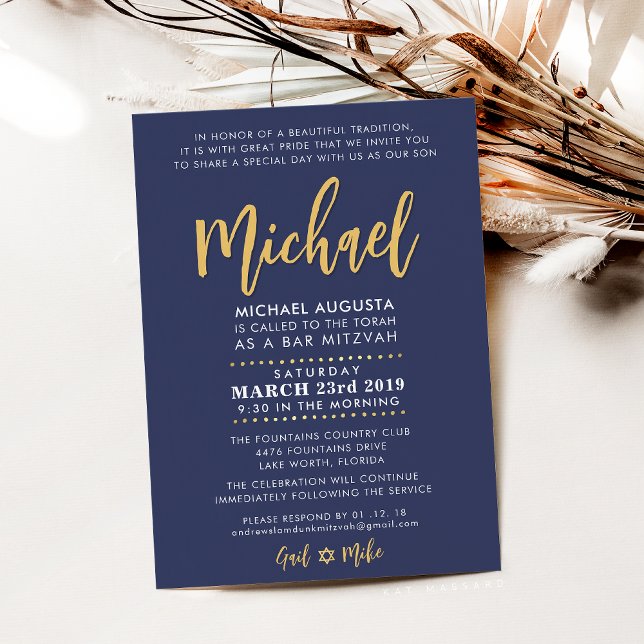 Bar Mitzvah modern navy + gold MICHAEL Invitation (Creator Uploaded)