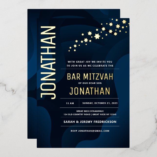 Bar Mitzvah Modern Navy Waves REAL GOLD (Front/Back)