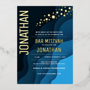 Bar Mitzvah Modern Navy Waves REAL GOLD Foil
