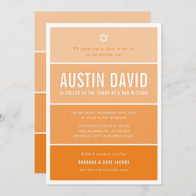 BAR MITZVAH modern ombre gradient bold orange Invitation (Front/Back)