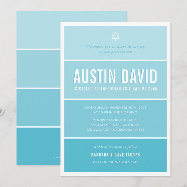 BAR MITZVAH modern ombre gradient bright sky blue Invitation (Front/Back)