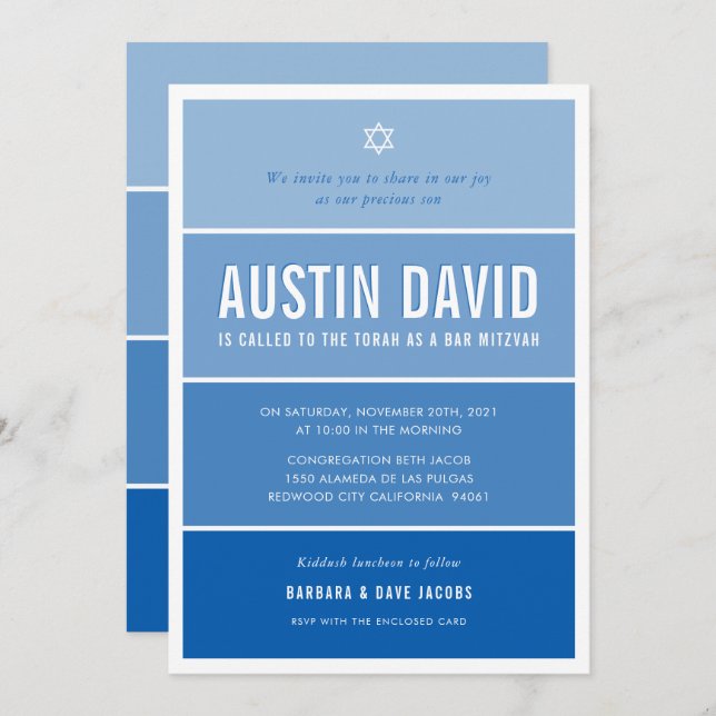 BAR MITZVAH modern ombre gradient cool royal blue Invitation (Front/Back)
