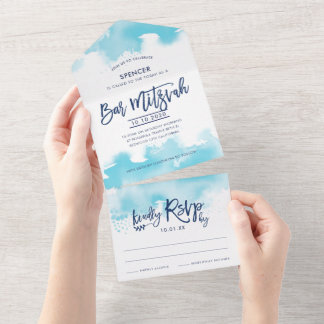 BAR MITZVAH modern script aqua blue watercolor All In One Invitation