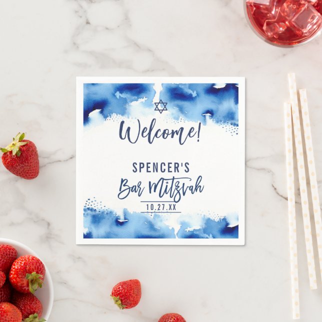 BAR MITZVAH modern script dark blue watercolor Napkin (Insitu)