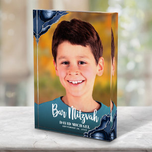 Bar Mitzvah Modern Script Navy Blue Agate Keepsake Photo Block