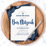 Bar Mitzvah Modern Simple Navy Blue Agate Script   Invitation<br><div class="desc">Be proud, rejoice and showcase this milestone of your favourite Bar Mitzvah! Send out this cool, unique, modern, personalised invitation for an event to remember. Navy blue script typography and Star of David overlay simple, white background with steel blue agate accented with faux silver veins. Personalise the custom text with...</div>