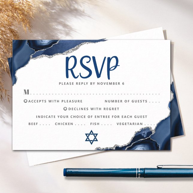 Bar Mitzvah Modern Simple Navy Blue Agate Script RSVP Card (Creator Uploaded)