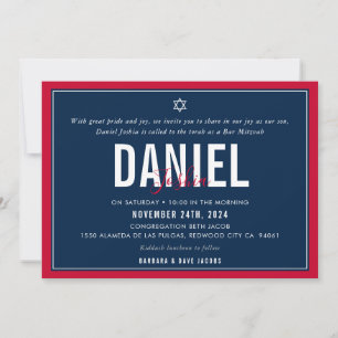BAR MITZVAH modern sport boy bold red navy blue Invitation