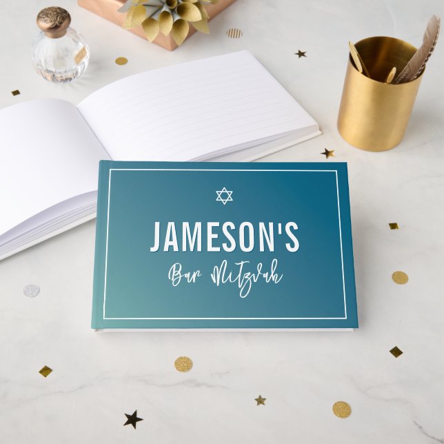 BAR MITZVAH modern star blue mint gradient Guest Book (Front Open)
