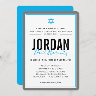 BAR MITZVAH modern star boy aqua blue grey simple Invitation