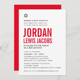 BAR MITZVAH modern star boy black white red  Invitation