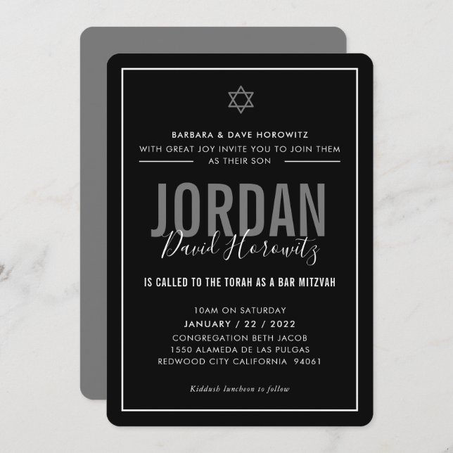 BAR MITZVAH modern star boy black white simple Invitation (Front/Back)