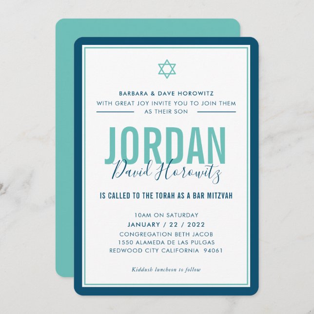 BAR MITZVAH modern star boy blue mint green simple Invitation (Front/Back)
