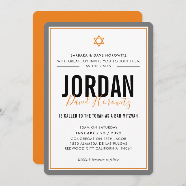 BAR MITZVAH modern star boy orange grey simple Invitation (Front/Back)