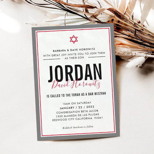 BAR MITZVAH modern star boy red grey simple Invitation (Creator Uploaded)