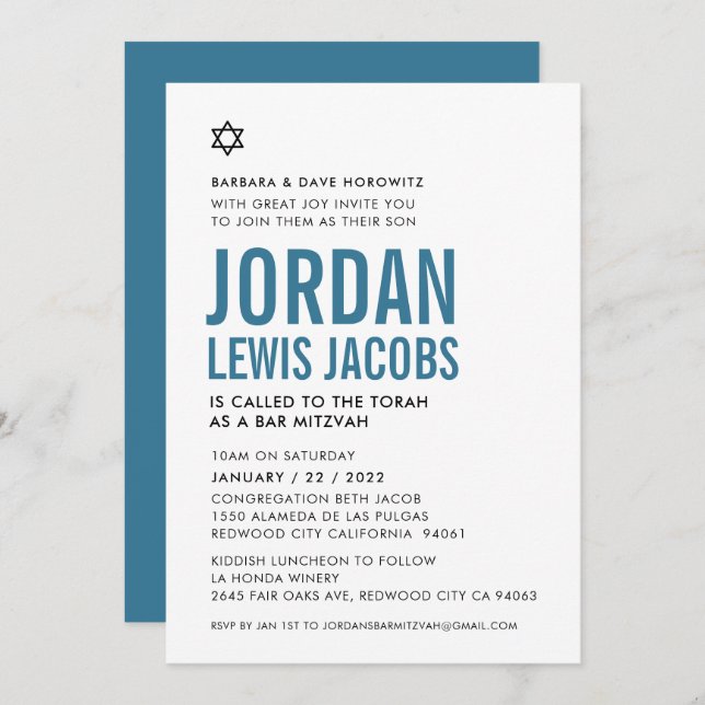 BAR MITZVAH modern star boy simple denim blue Invitation (Front/Back)