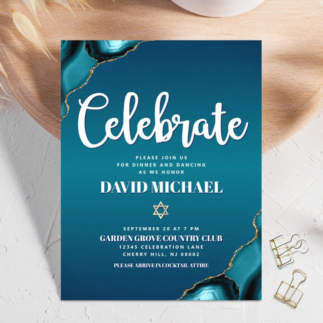 Bar Mitzvah Modern Turquoise Ombre Agate Script Enclosure Card (Creator Uploaded)