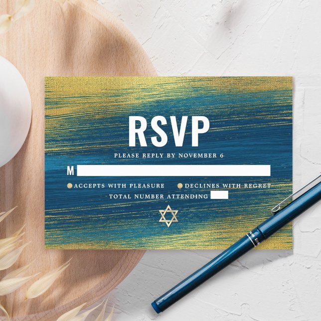 Bar Mitzvah Modern Typography Turquoise Gold Foil  RSVP Card (Creator Uploaded)