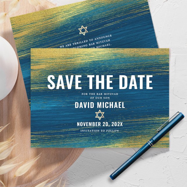 Bar Mitzvah Modern Typography Turquoise Gold Foil Save The Date (Creator Uploaded)